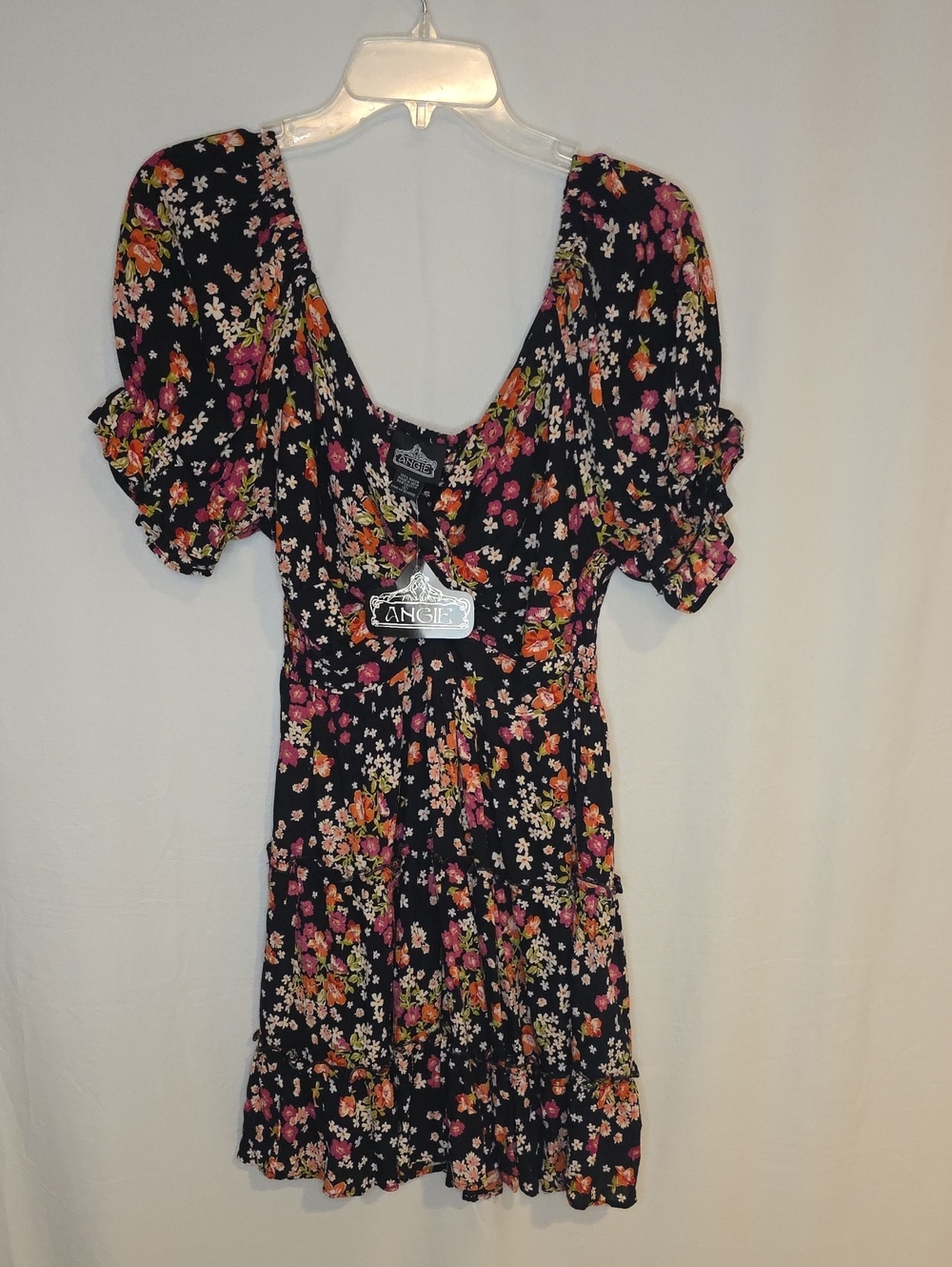 Angie Black Floral Mini Dress with Pink & Orange Blooms
